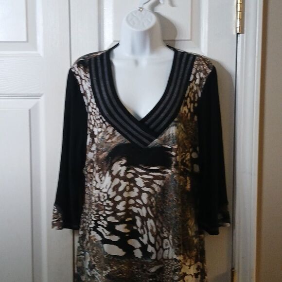 Libra multi print tunic black white tan  blouse Sz XL - Picture 3 of 9
